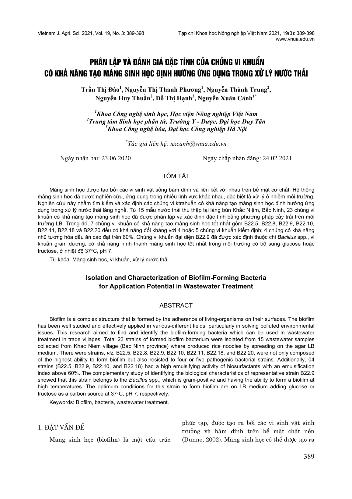 Phân lập và đánh giá đặc tính của chủng vi khuẩn có khả năng tạo màng sinh học định hướng ứng dụng trong xử lý nước thải trang 1