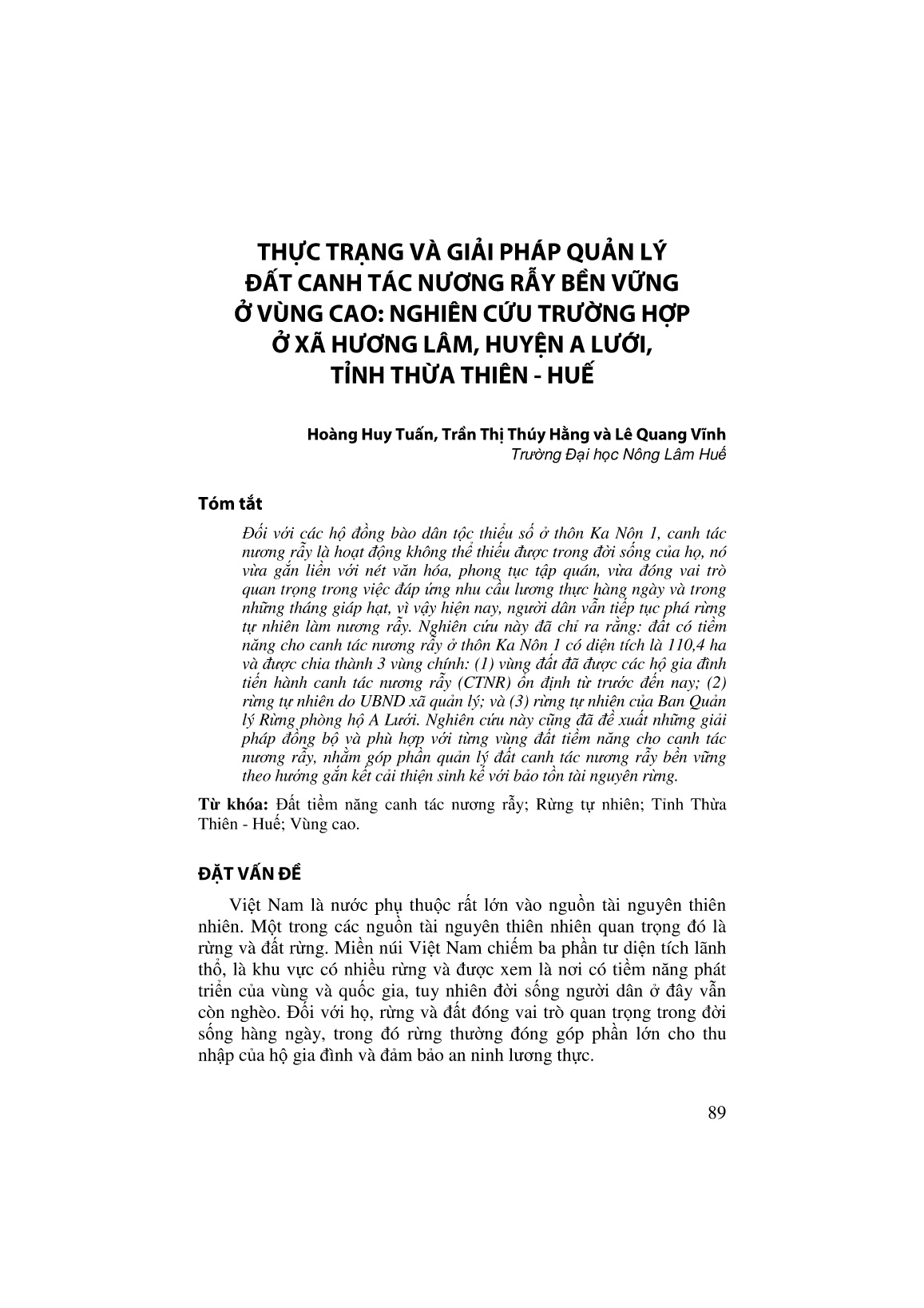 Thực trạng và giải pháp quản lý đất canh tác nương rẫy bền vững ở vùng cao: Nghiên cứu trường hợp ở xã hương lâm, huyện a lưới, tỉnh thừa thiên - Huế trang 1