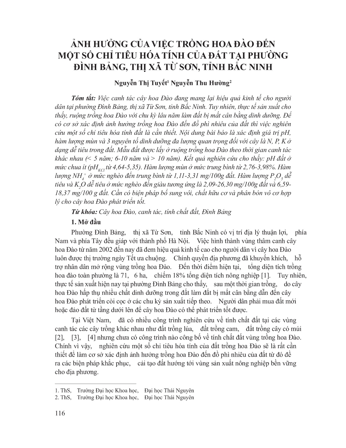 Ảnh hưởng của việc trồng hoa đào đến một số chỉ tiêu hóa tính của đất tại phường Đình Bảng, Thị xã Từ Sơn, tỉnh Bắc Ninh trang 1