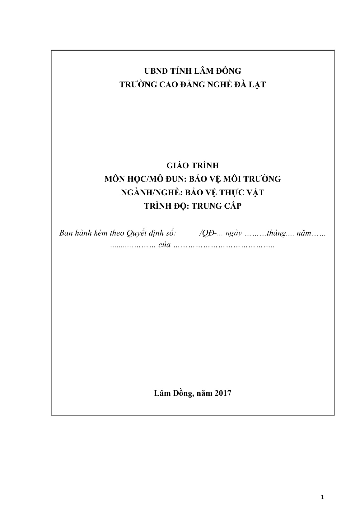 Giáo trình mô đun Bảo vệ môi trường (Trình độ: Trung cấp) trang 1