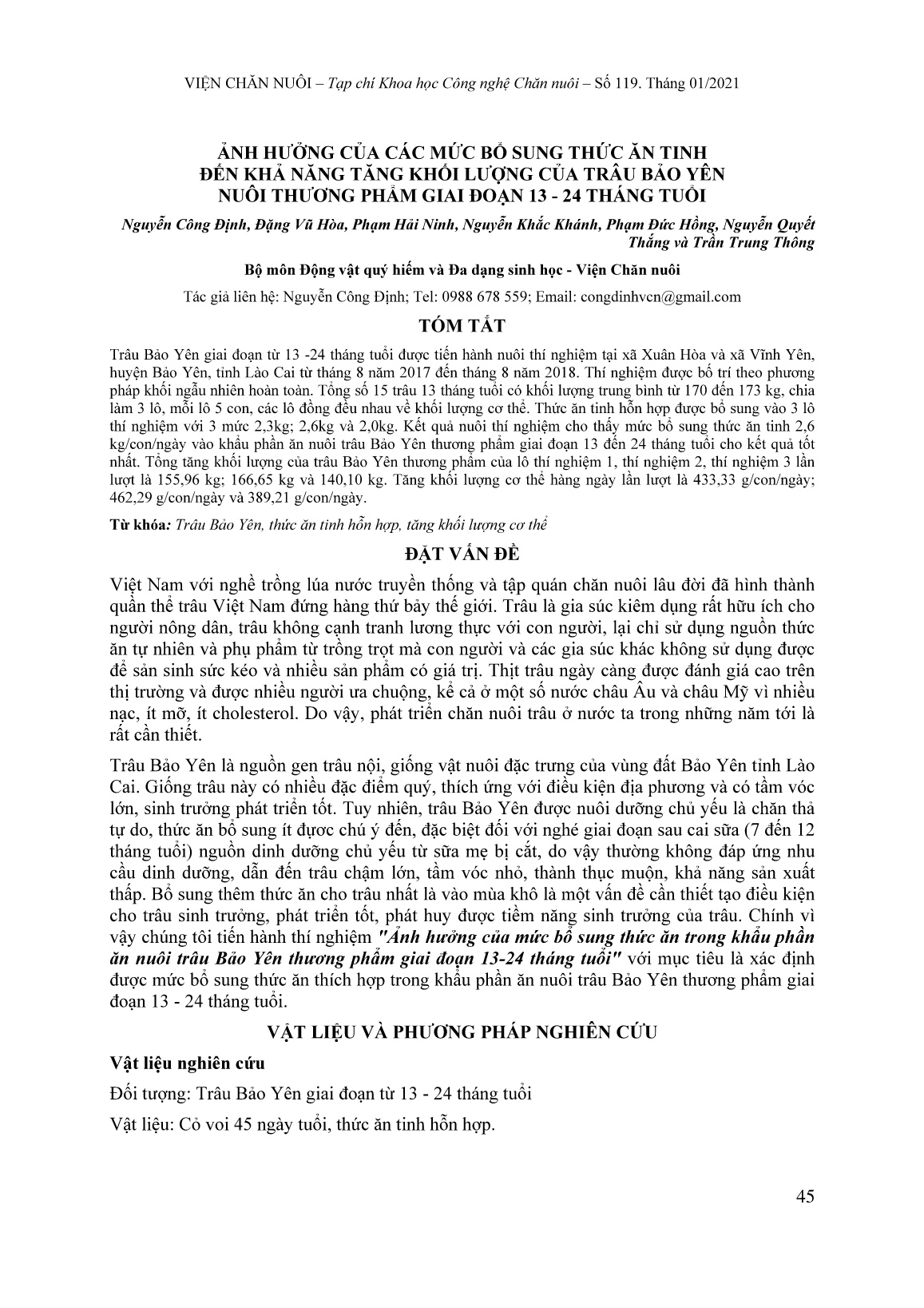 Ảnh hưởng của các mức bổ sung thức ăn tinh đến khả năng tăng khối lượng của trâu bảo yên nuôi thương phẩm giai đoạn 13 - 24 tháng tuổi trang 1