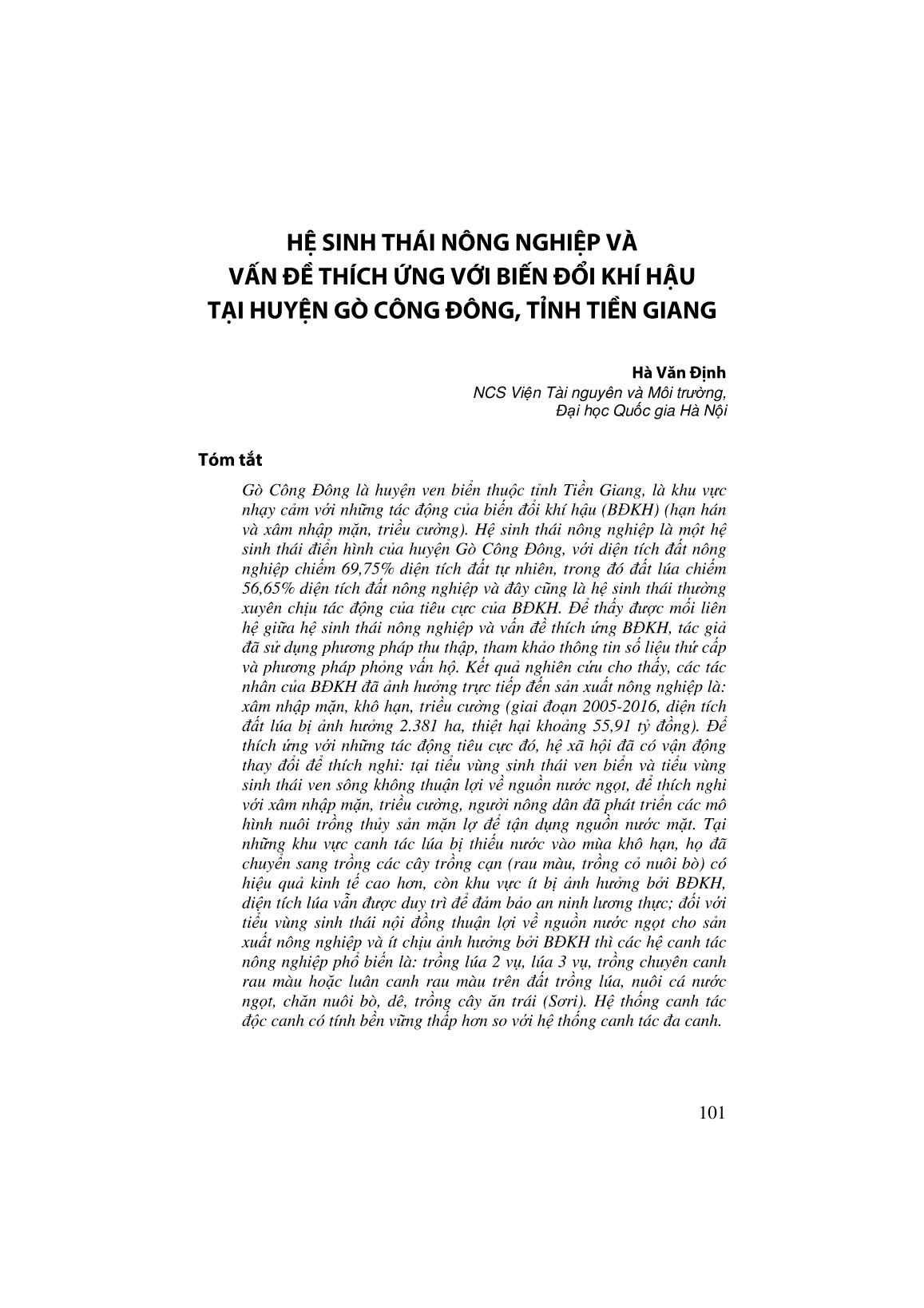 Hệ sinh thái nông nghiệp và vấn đề thích ứng với biến đổi khí hậu tại huyện Gò Công Đông, tỉnh Tiền Giang trang 1