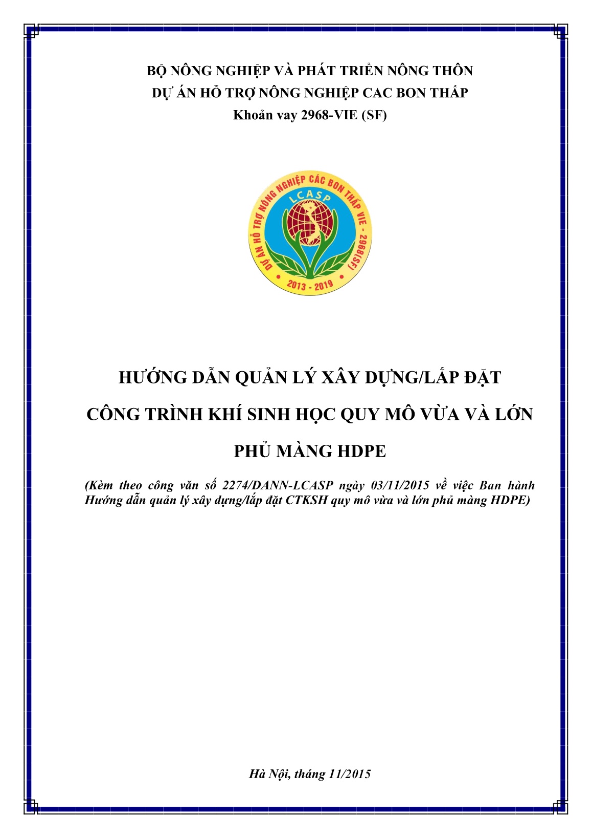 Hướng dẫn quản lý xây dựng/lắp đặt công trình khí sinh học quy mô vừa và lớn phủ màng HDPE trang 1