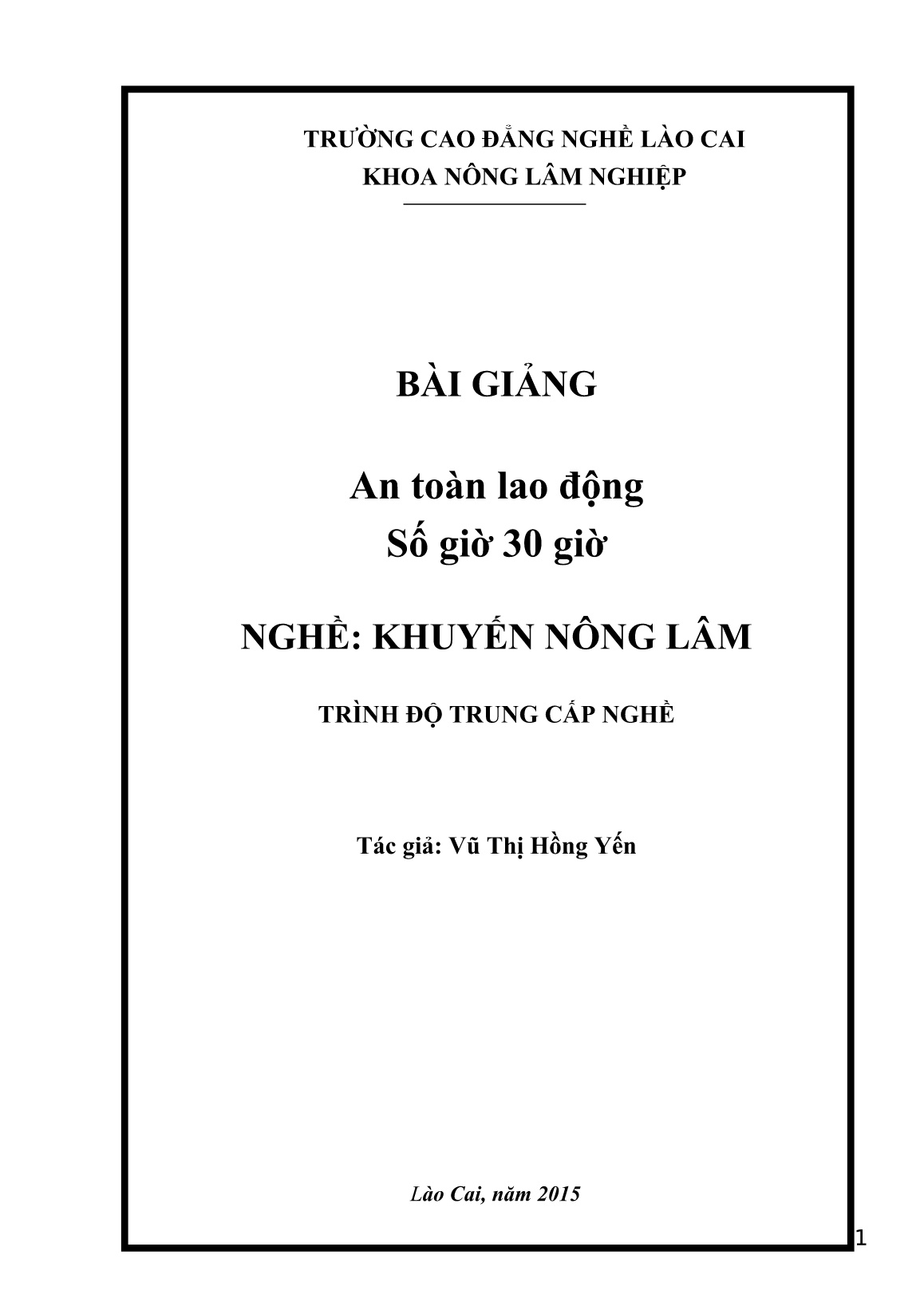 Bài giảng An toàn lao động (Trình độ: Trung cấp nghề) trang 1