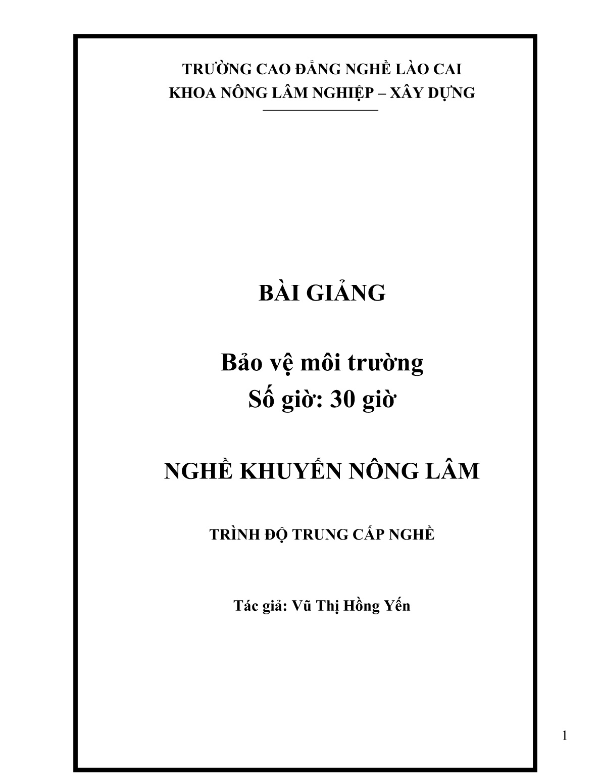 Bài giảng Bảo vệ môi trường (Trình độ: Trung cấp nghề) trang 1