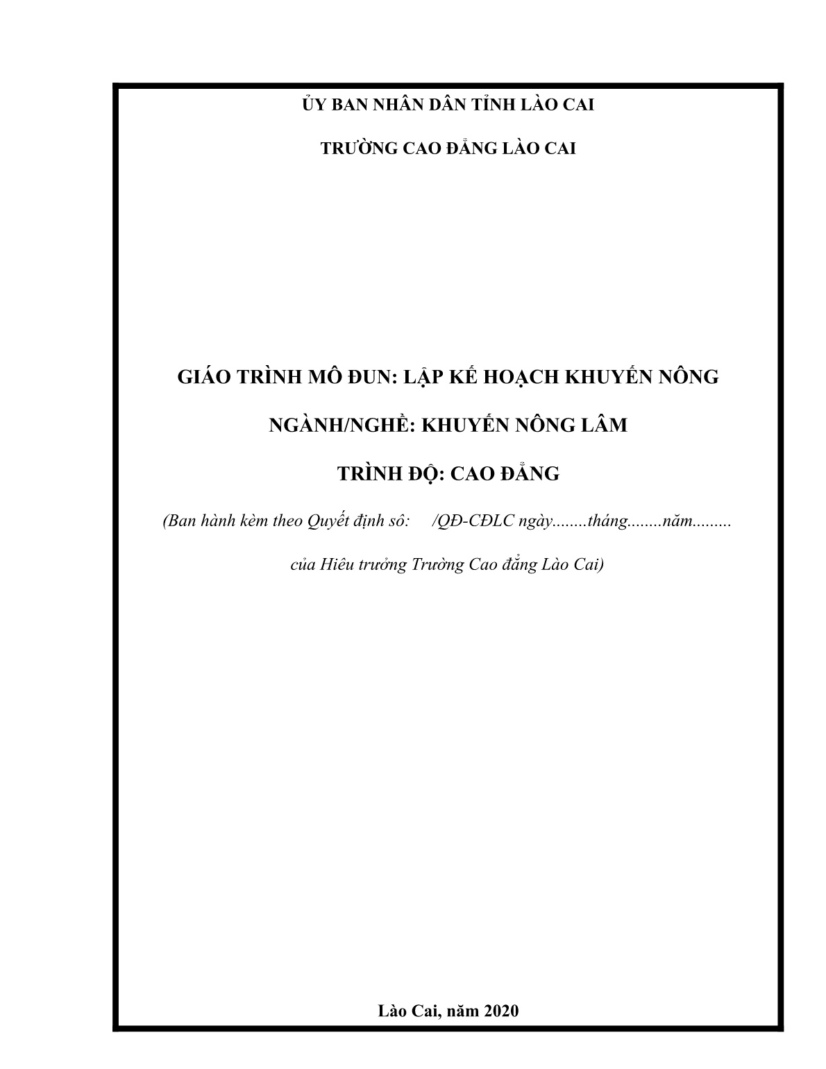 Giáo trình mô đun Lập kế hoạch khuyến nông (Trình độ: Cao đẳng) trang 1