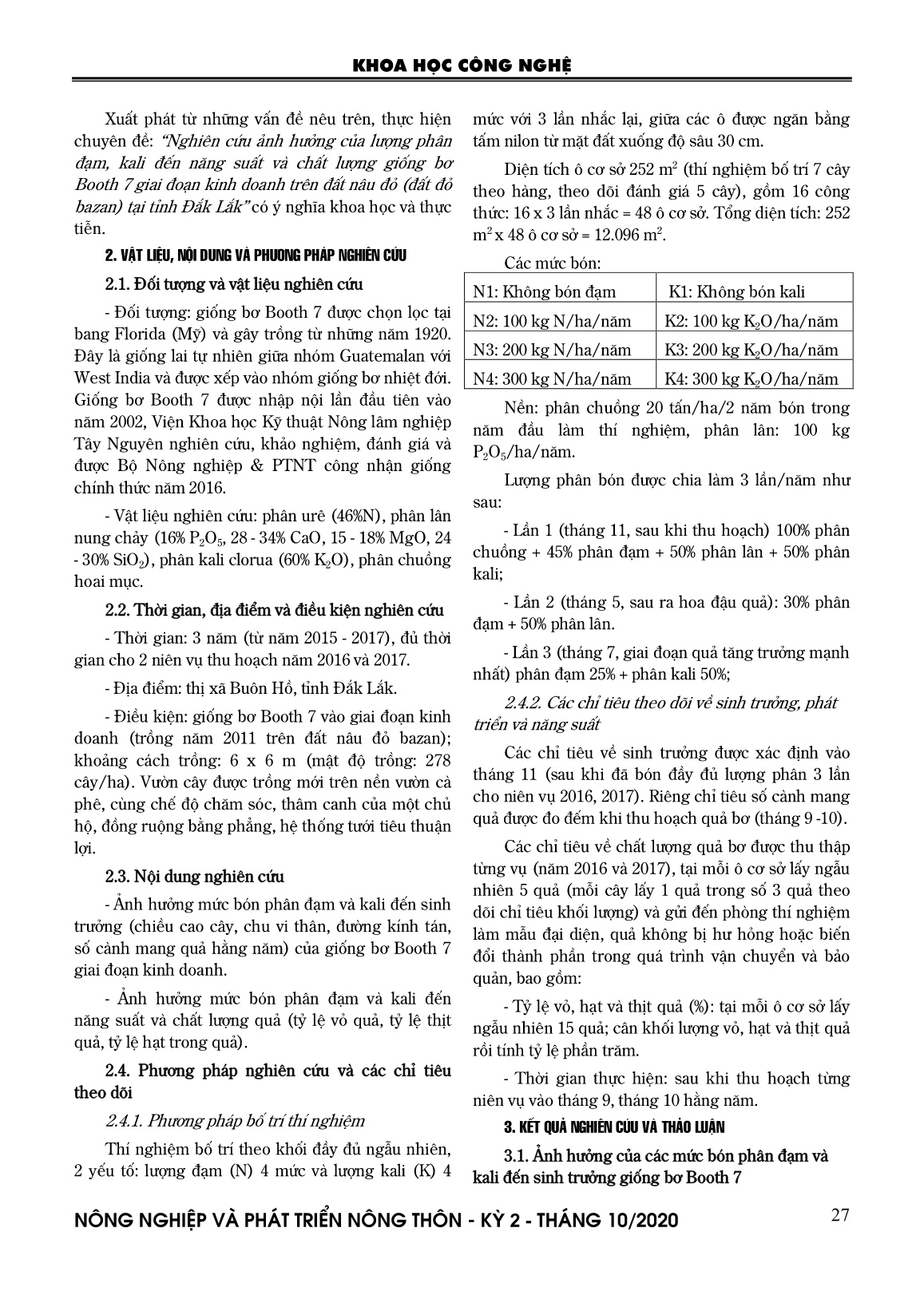 Ảnh hưởng của lượng phân đạm và kali đến năng suất và chất lượng giống bơ booth7 giai đoạn kinh doanh trên đất nâu đỏ bazan tại tỉnh Đắk Lắk trang 2