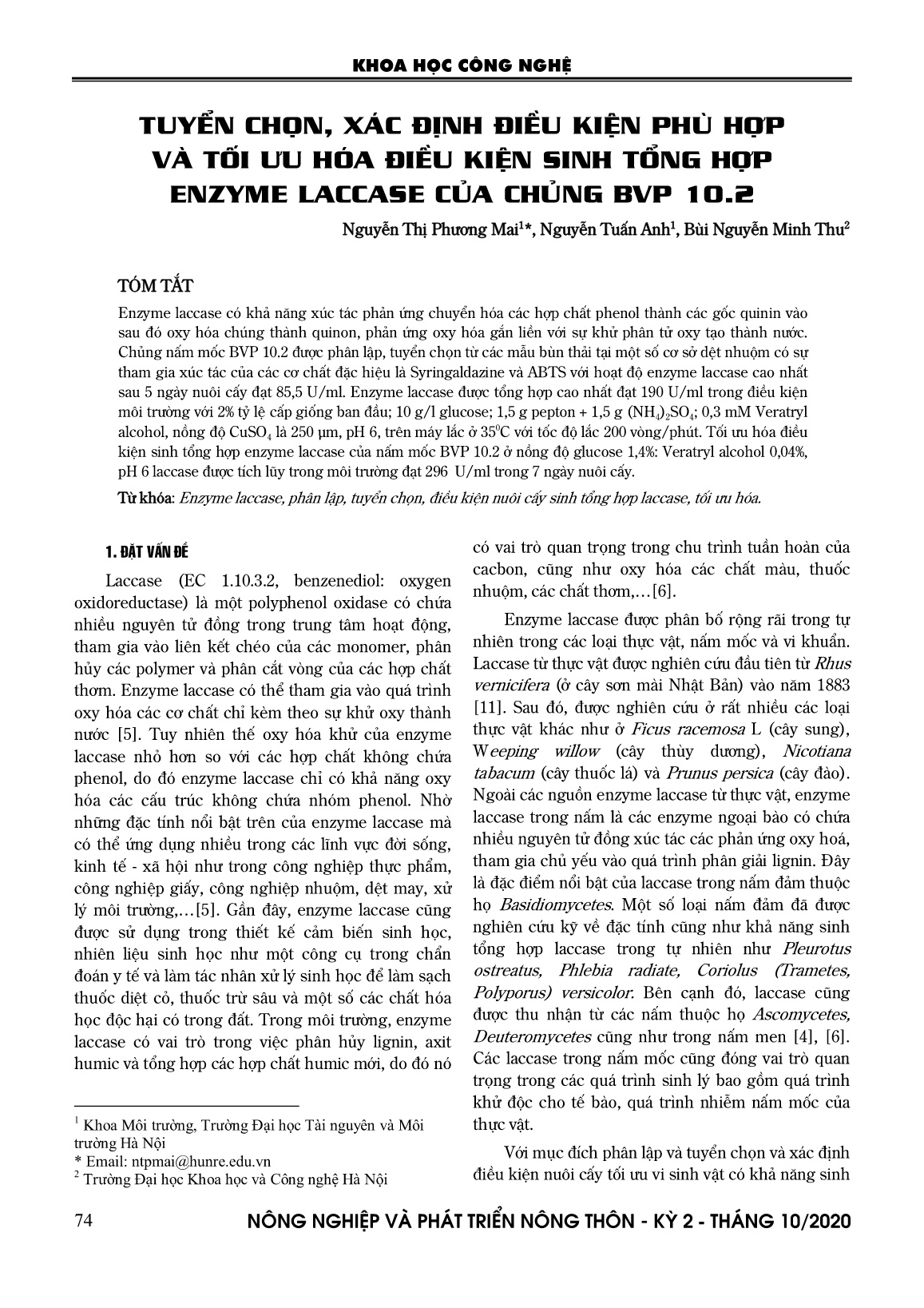 Tuyển chọn, xác định điều kiện phù hợp và tối ưu hóa điều kiện sinh tổng hợp enzyme laccase của chủng bvp 10.2 trang 1
