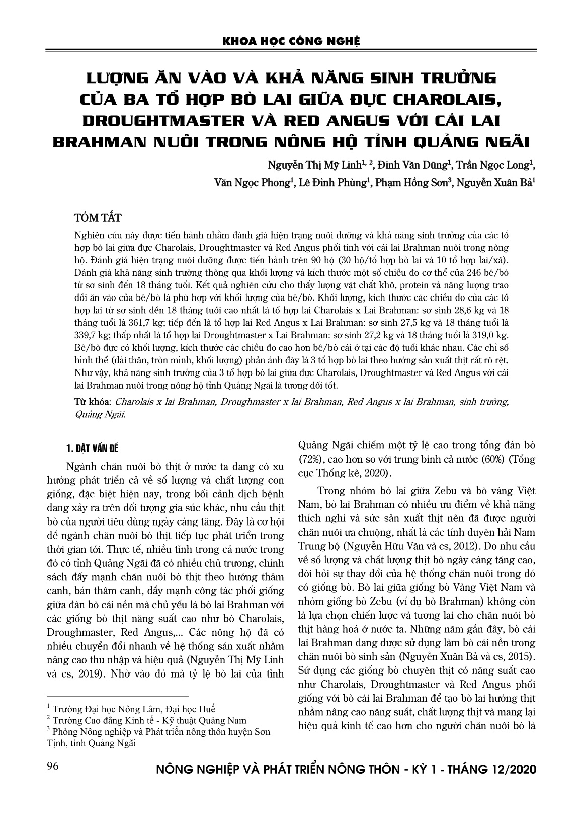 Lượng ăn vào và khả năng sinh trưởng của ba tổ hợp bò lai giữa đực Charolais, Droughtmaster và Red angus với cái lai Brahman nuôi trong nông hộ tỉnh Quảng Ngãi trang 1