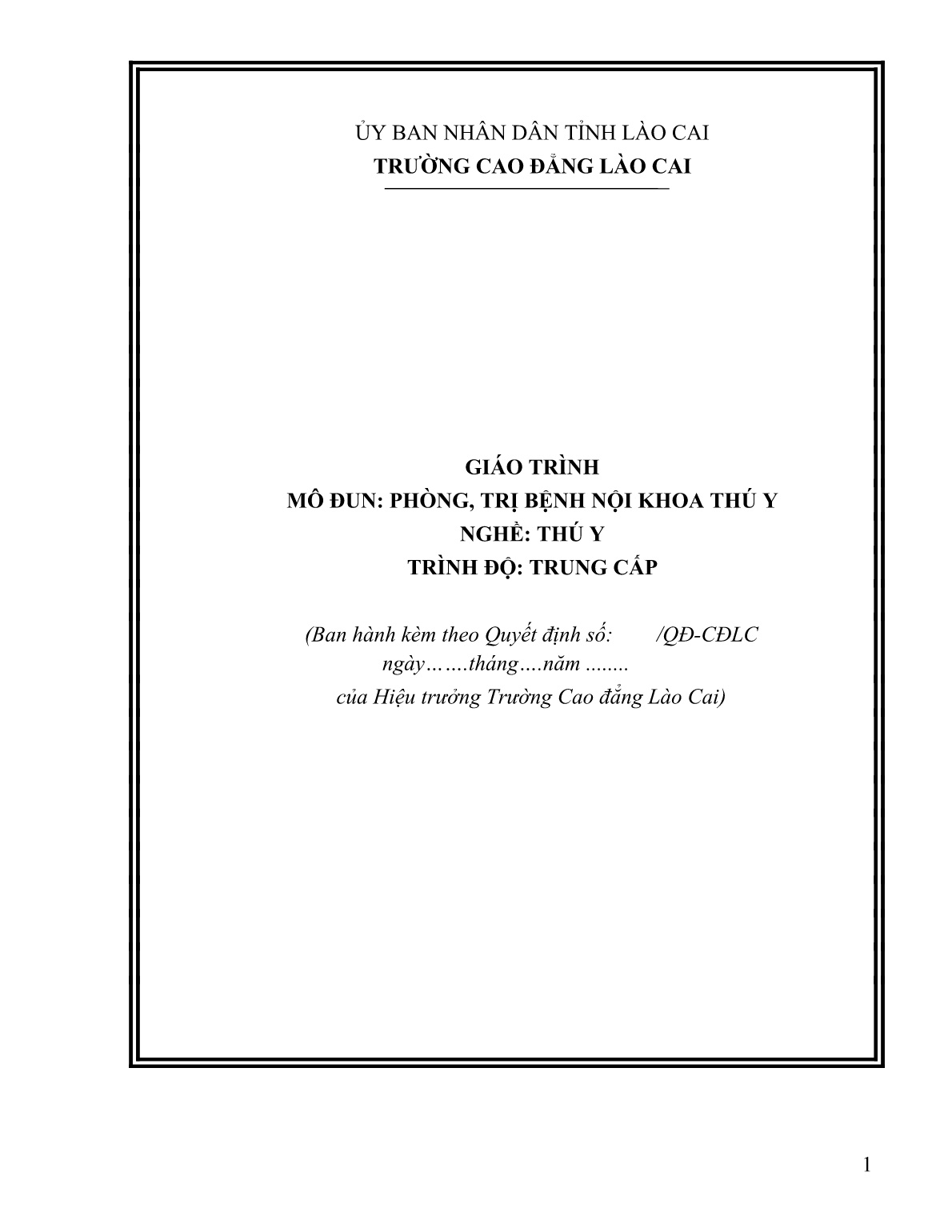 Giáo trình mô đun Phòng, trị bệnh nội khoa thú y (Trình độ: Trung cấp) trang 1