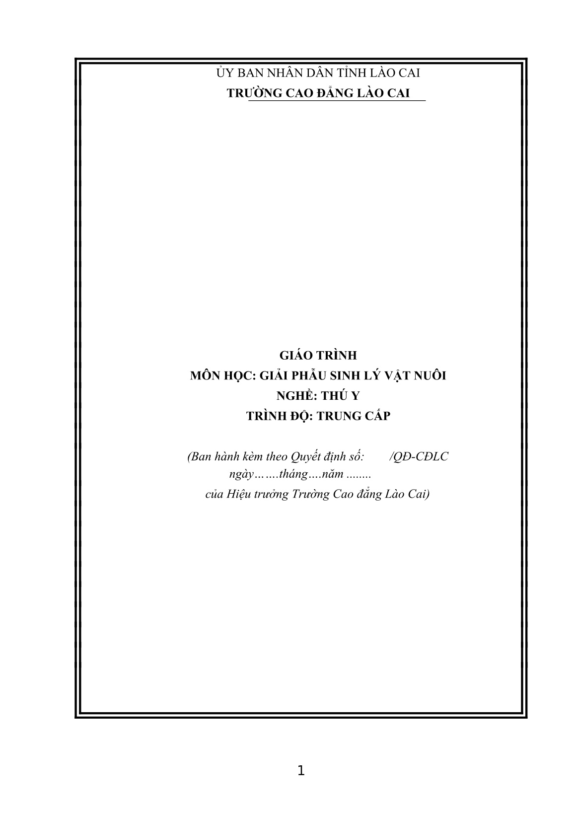 Giáo trình Giải phẫu sinh lý vật nuôi (Trình độ: Trung cấp) trang 1