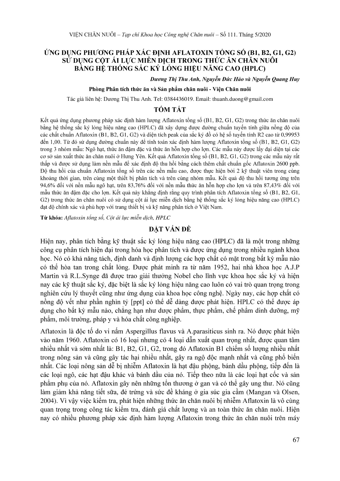 Ứng dụng phương pháp xác định aflatoxin tổng số (B1, B2, G1, G2) sử dụng cột ái lực miễn dịch trong thức ăn chăn nuôi bằng hệ thống sắc ký lỏng hiệu năng cao (HPLC) trang 1