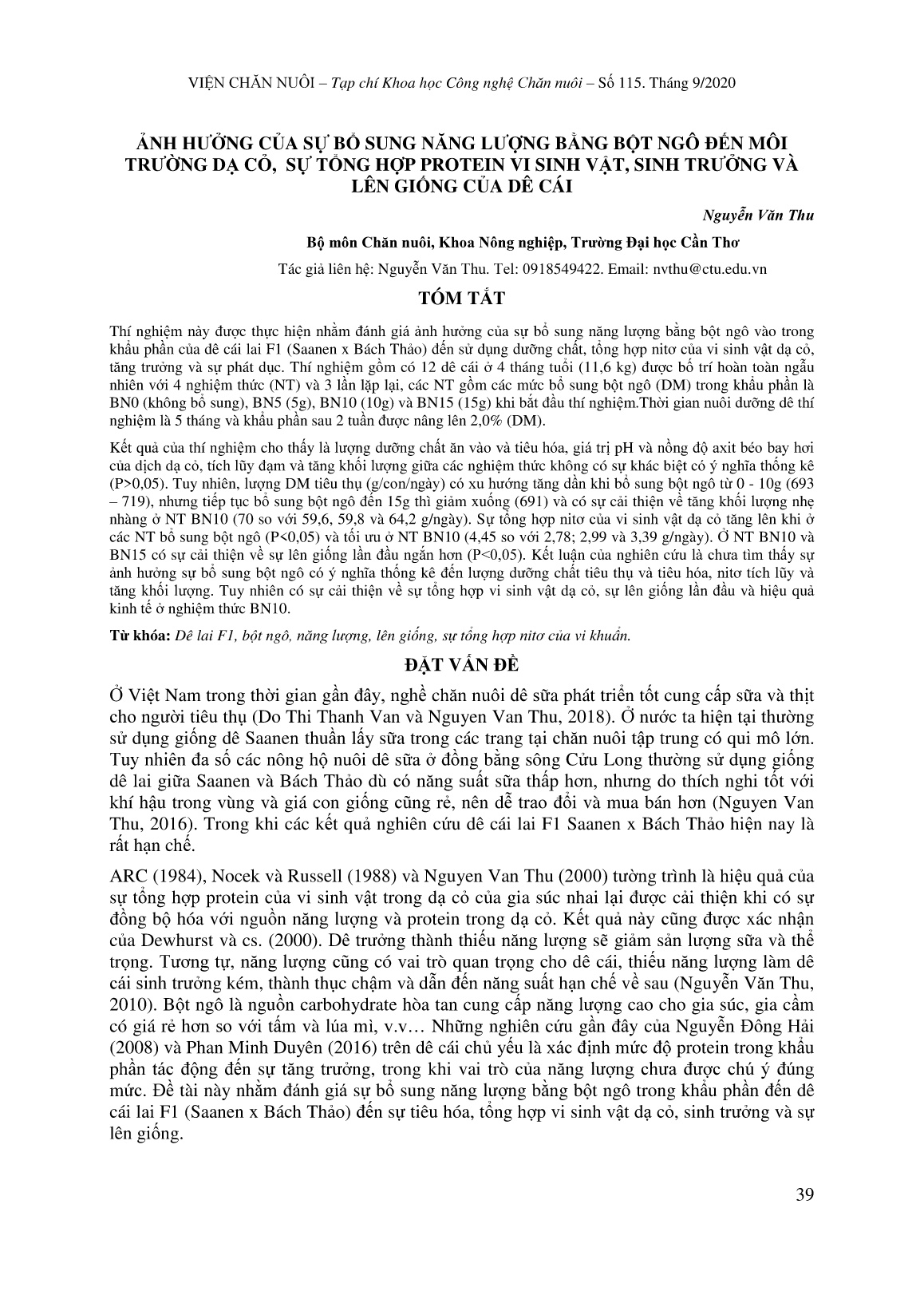 Ảnh hưởng của sự bổ sung năng lượng bằng bột ngô đến môi trường dạ cỏ, sự tổng hợp protein vi sinh vật, sinh trưởng và lên giống của dê cái trang 1