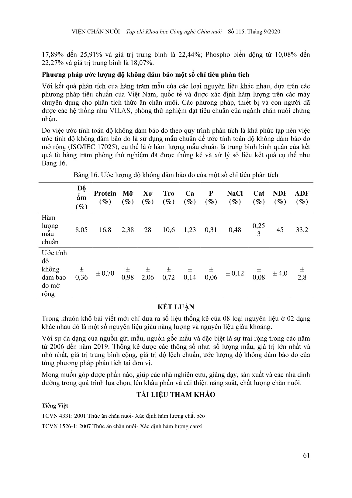 Kết quả phân tích thành phần hóa học một số nguyên liệu giàu năng lượng, giàu khoáng sản xuất thức ăn chăn nuôi từ năm 2006 đến năm 2019 trang 10