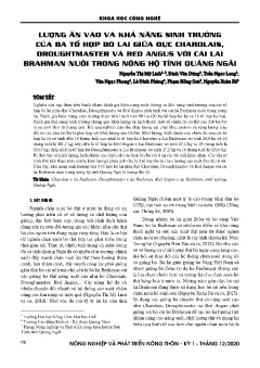 Lượng ăn vào và khả năng sinh trưởng của ba tổ hợp bò lai giữa đực Charolais, Droughtmaster và Red angus với cái lai Brahman nuôi trong nông hộ tỉnh Quảng Ngãi